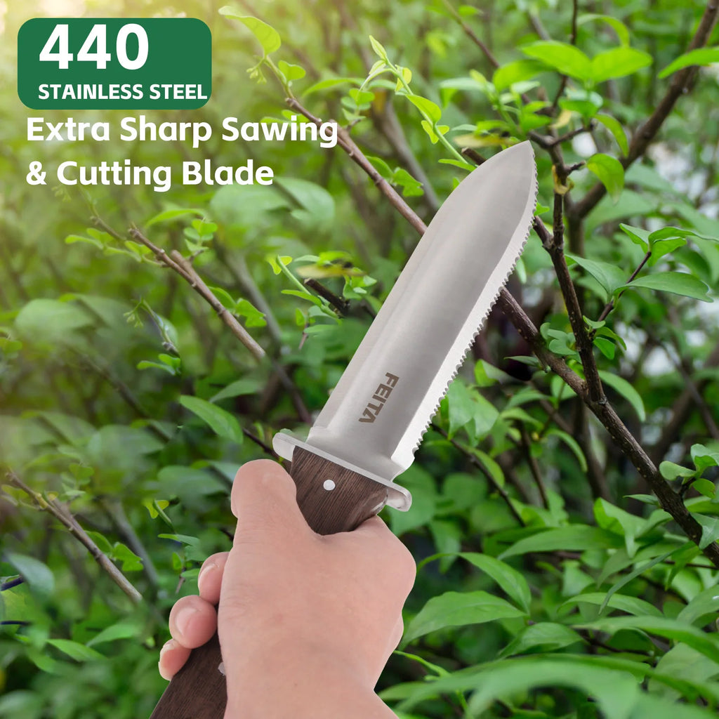 FEITA Hori Hori Garden Knife with Leather Sheath and Sharpening Stone, Garden Soil Knife Tools Gifts for Weeding, Digging