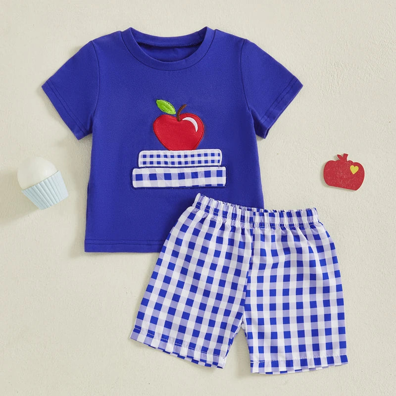 Toddler Boys Back to School Outfits Dinosaur Print Short Sleeves T-Shirt and Denim Shorts Set for 2 Piece Clothes Cute and