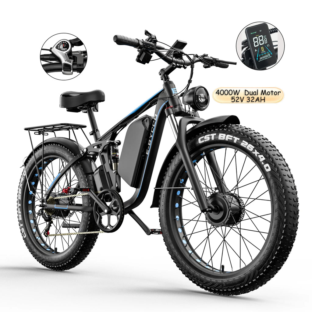 E-BYCCO  5000W Peak/4000W Dual Motor Electric Bike , Up to 45MPH Speed E-Bike,100-Mile Range, IP65 Waterproof, 52V 32Ah Remova