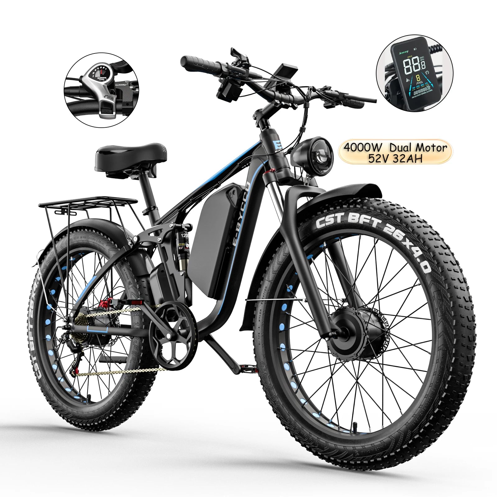 E-BYCCO  5000W Peak/4000W Dual Motor Electric Bike , Up to 45MPH Speed E-Bike,100-Mile Range, IP65 Waterproof, 52V 32Ah Remova
