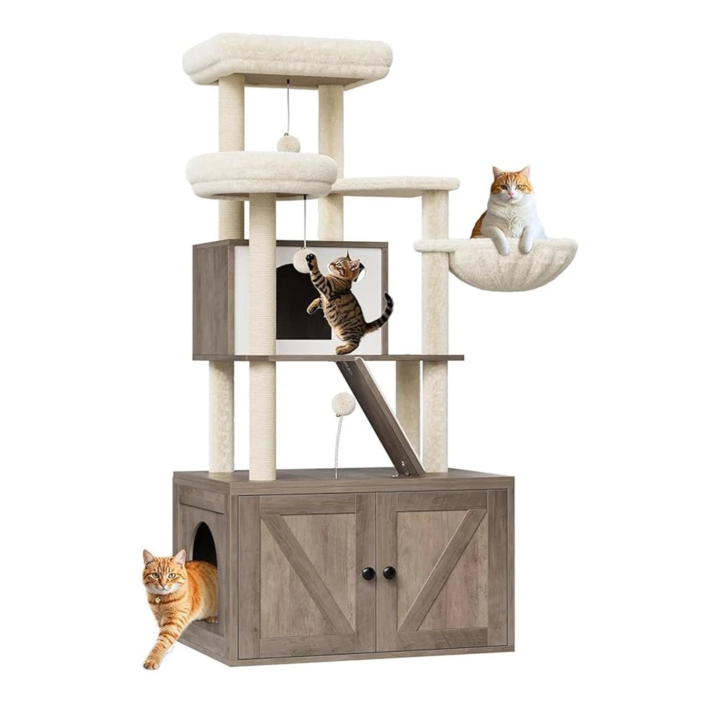 Cat Tree with Litter Box Enclosure 59 Inch Large 2 in 1 Cat Tower Condo with Scratching Post, Dangling Balls