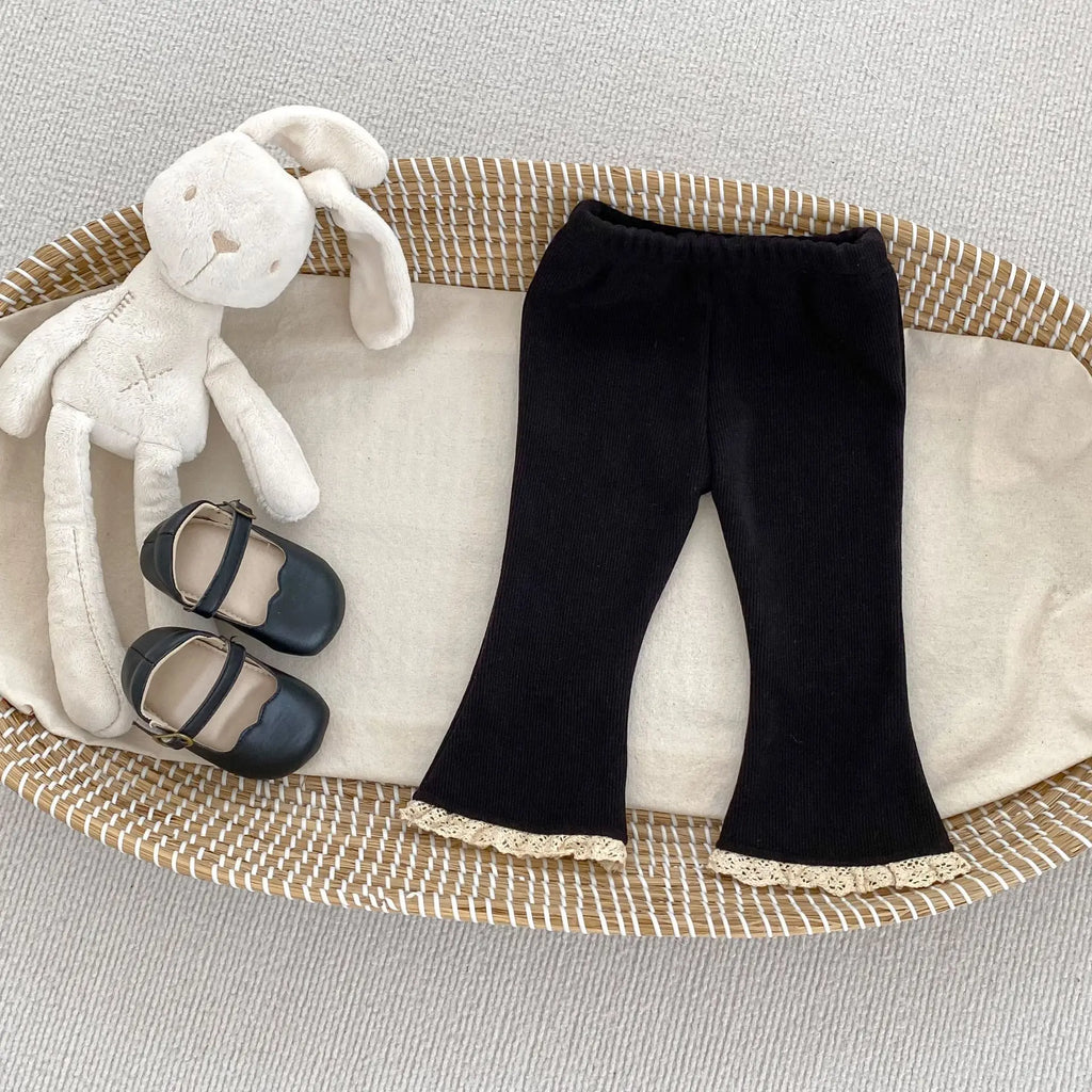2025 Autumn Collection Girls' Velvet Bellbottom Pants with Western Style Lace Pants, Versatile Warm Baby Girls' Casual Pants