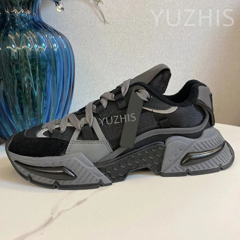 Couple Sneakers Women Lace Up Round Toe Flat Casual Shoes Patchwork Platform Running Shoes Outdoor Sports Shoes Men