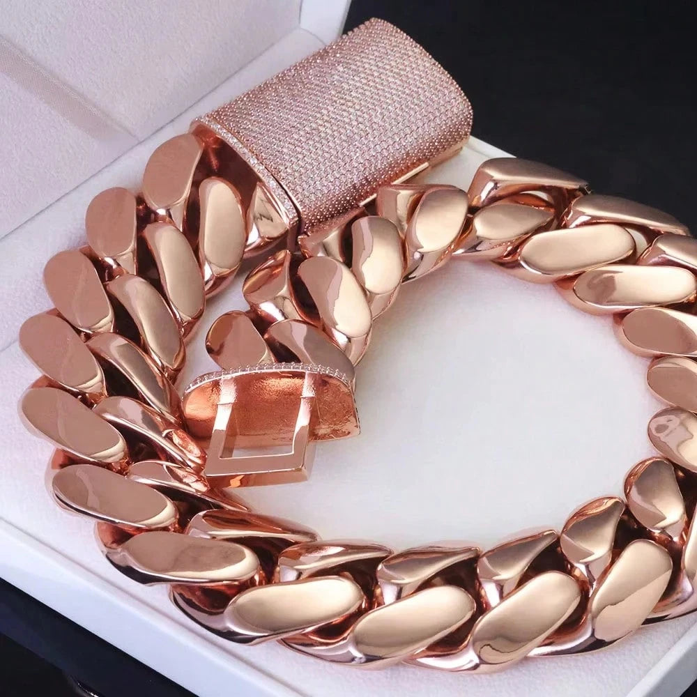 14-22mm Rose Gold  316L Stainless Steel  Cuban Miami Link Chain Iced Out CZ Box Clasp Necklace Fashion Hip Hop Unisex Jewelry