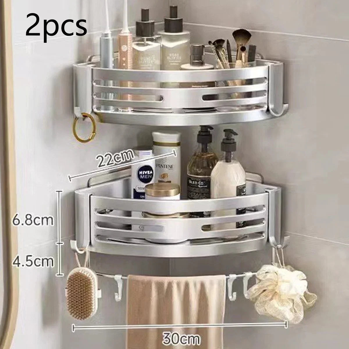 1-2PCS Shower Corner Shelf with Hook Towel Bar No Drill Space Aluminum Shower Storage Rack Bathroom Organizer