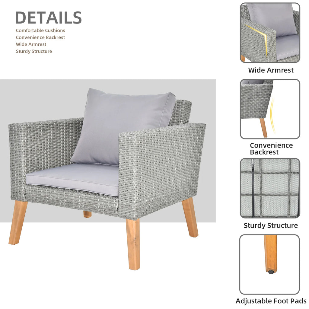 4 Piece Outdoor Patio Furniture Set, Resin Rattan and Acacia Wood Chairs Conversation Furniture Set with Soft Cushions Grey