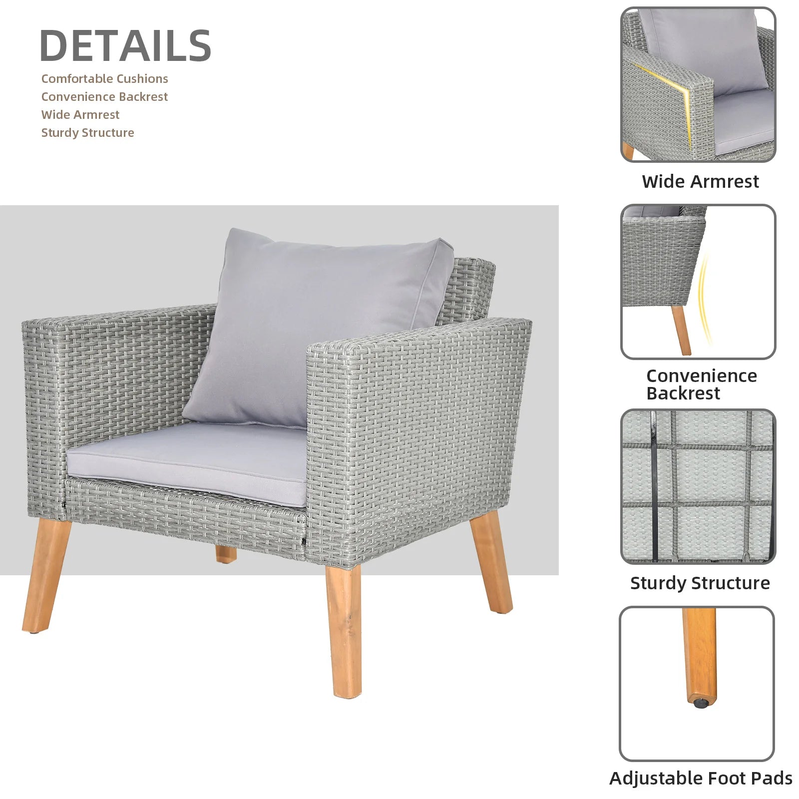 4 Piece Outdoor Patio Furniture Set, Resin Rattan and Acacia Wood Chairs Conversation Furniture Set with Soft Cushions Grey