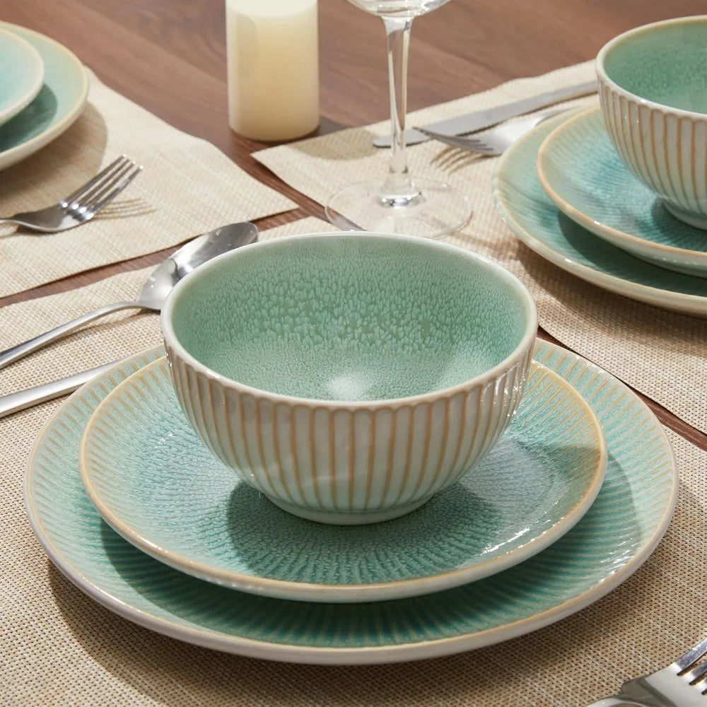 Round Reactive Glazed Stoneware Dinnerware Set, Microwave and Dishwasher Safe Ceramic Plates and Bowls Collection