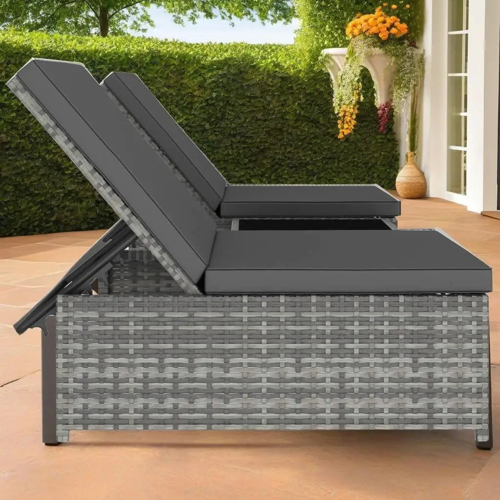 2-Piece Gray Poly Rattan Reclining Patio Chairs Set with Table - Outdoor Furniture