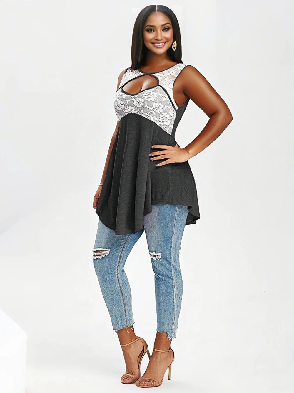 Flattering Plus Size Tank Top for Women – Lace Contrast Sleeveless Shirt with Cutout Neck, Flowy Hem Tunic for Casual, Dressy, o