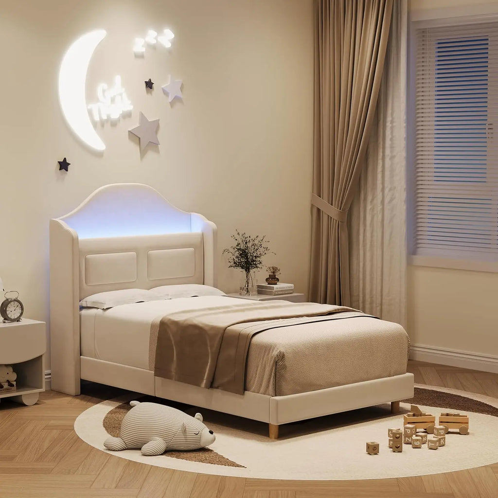 Upholstered Twin Bed Frame with LED Lights, Velvet Platform Bed Frame with Wing Back Storage Headboard, Wood Slats Support, No B