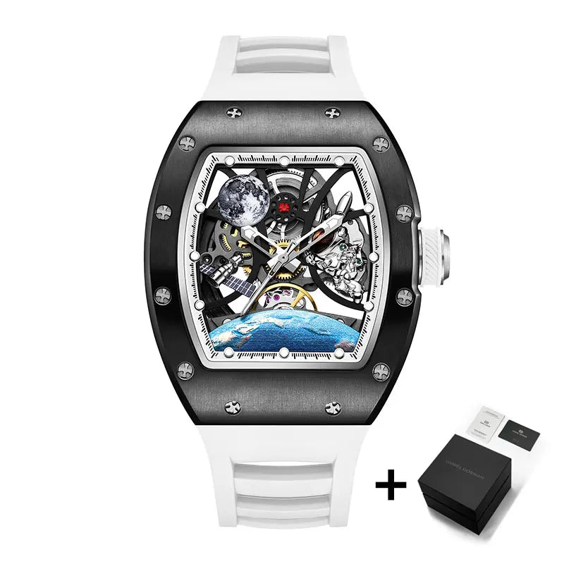 Men's Automatic Watches for Men Fashion Tonneau Mechanical Clock Earth Dial Waterproof Luxury Luminous Skeleton Mens WristWatch