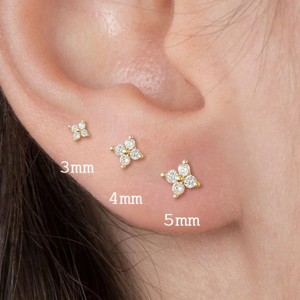 Dainty Flower Stainless Steel Butterfly Stud Earrings for Women Cartilage Ear Ring Cute Zircon Gold Color Clover Jewelry Gift