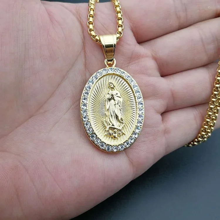 Virgin Mary Prayer Pendant Necklaces Gold color 316L Stainless Steel with rhinestone Women/Men Jewelry