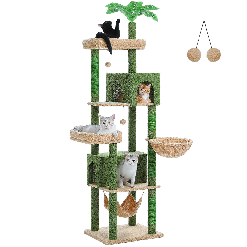 190cm Large Cat Tree 6-Level Cat Tower with 2 Big Perches,Cozy Hammocks,Natural Sisal Rope,2 Cat Condo,Pompoms for Indoor Cats