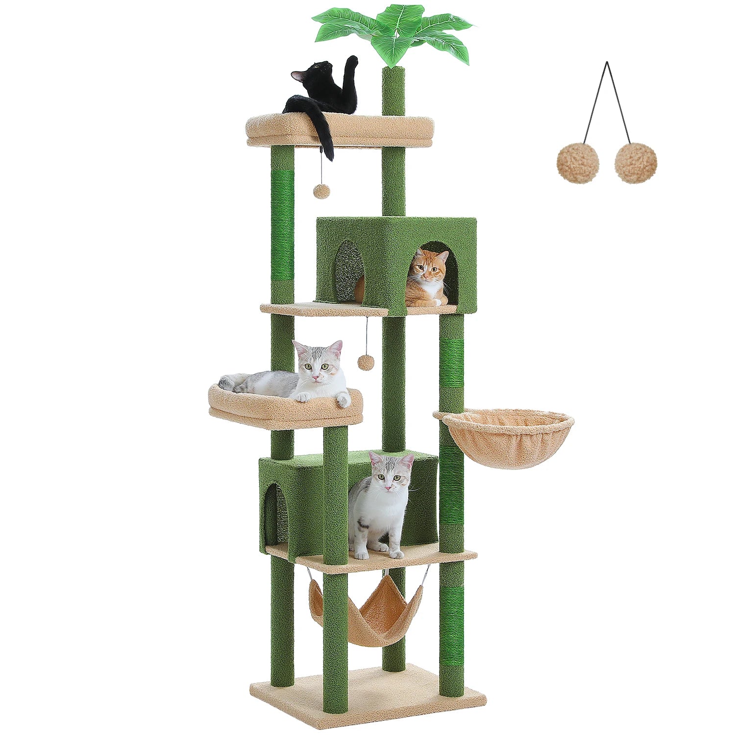 190cm Large Cat Tree 6-Level Cat Tower with 2 Big Perches,Cozy Hammocks,Natural Sisal Rope,2 Cat Condo,Pompoms for Indoor Cats