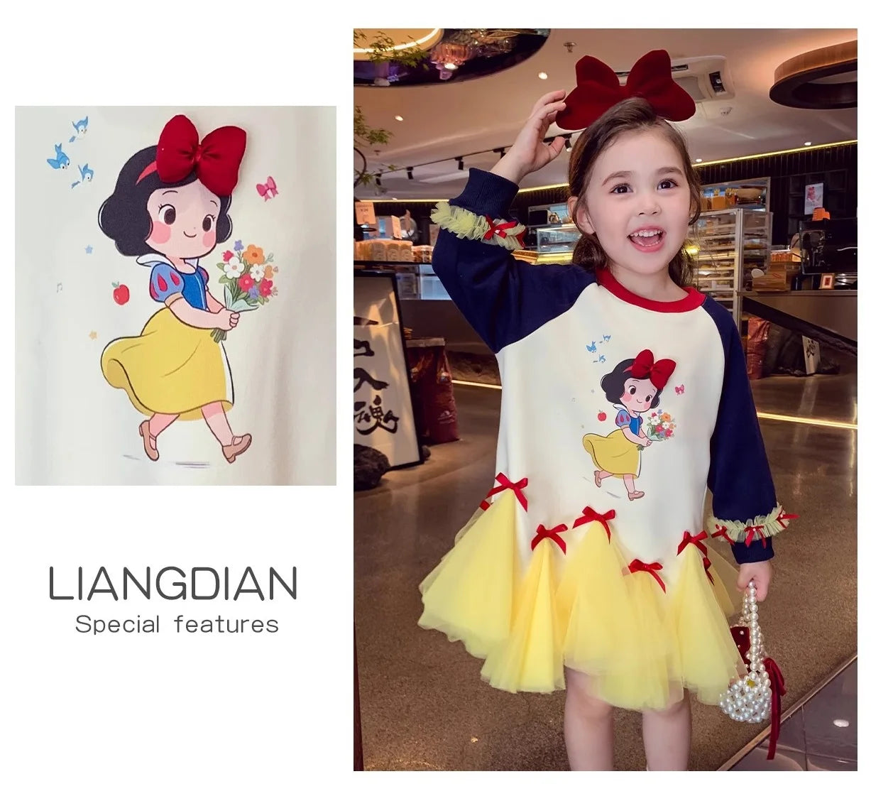 Girl's Fall/Winter Sweatshirt Long Sleeve Princess Elsa Snow White Cartoon Print Tulle Skirt Casual Hoodie Dress 2-12 Years Old