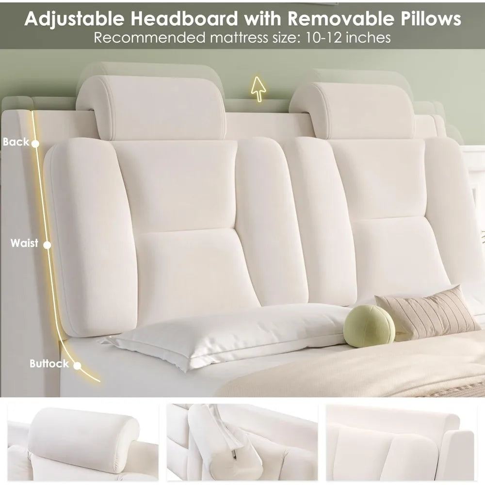 Queen Upholstered Led Bed Frame with Wheels Decor & Adjustable Curved Headboard Modern Car-Shaped Platform Bed with Detachable P