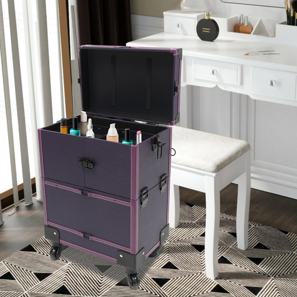 Stylish Purple Rolling Makeup Train Case - Professional Artist Trolley Organizer
