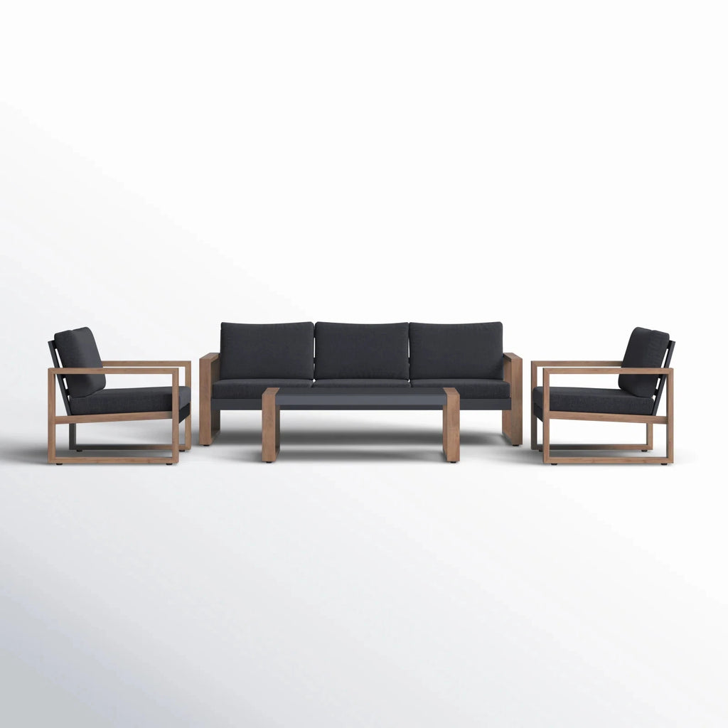 Outdoor 4-Piece Modern Aluminum Patio Furniture Sets,5 Person Conversation Set, Faux Wood Grain Finish Frame Sofa Set