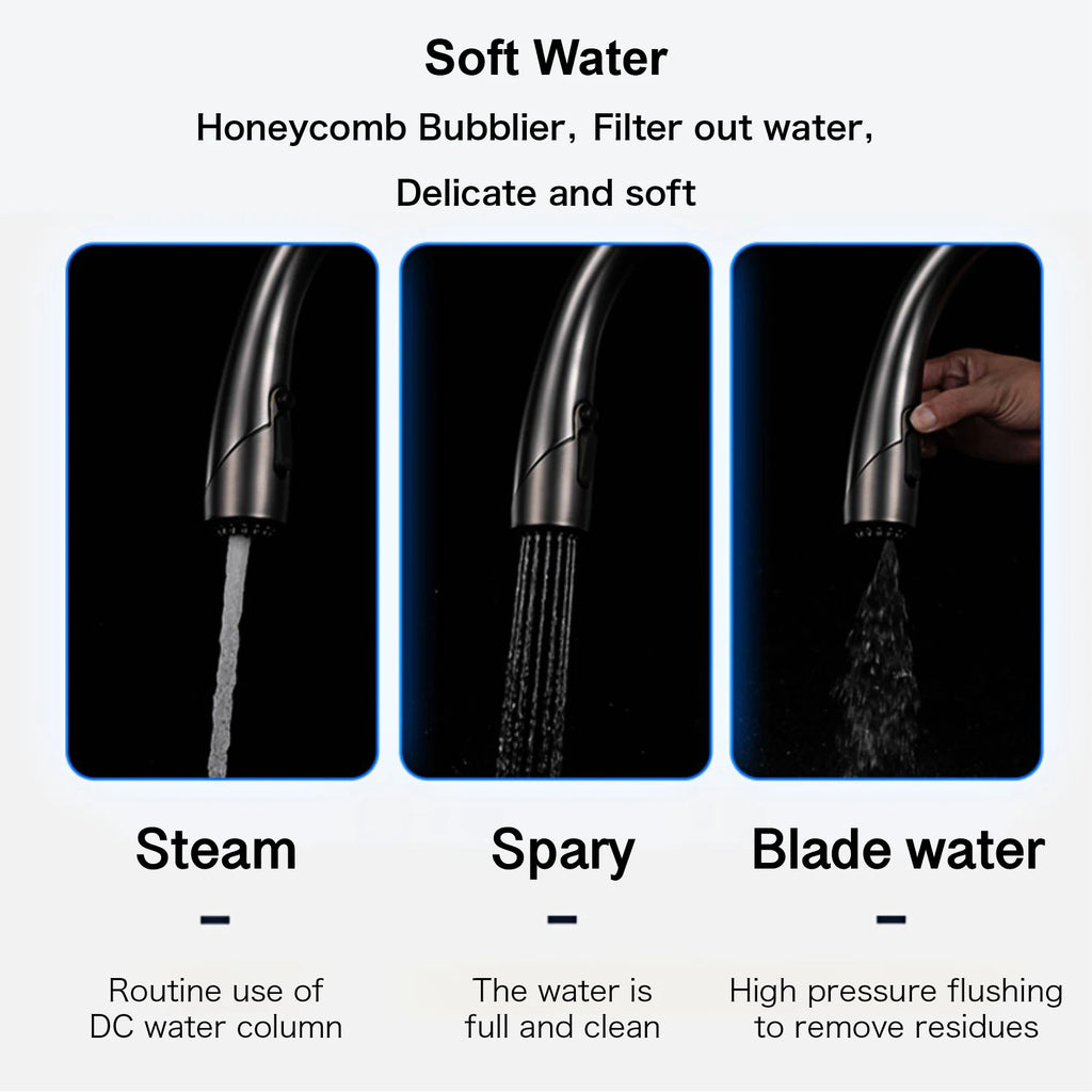 High end touch black kitchen faucet brass pull out design three function single handle cold and hot dual control sink faucet