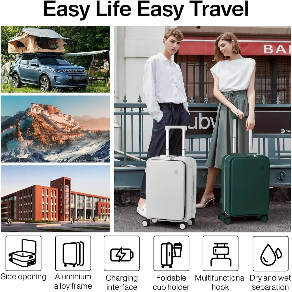 mixi Carry On Luggage with Cup Phone Holder and Charger Hard Shell Suitcases with Spinner Wheels,20 Inch Blackish Green