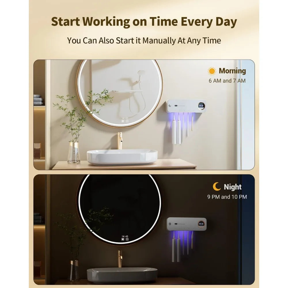 Wall-Mount Toothbrush Holder with Auto-Drying, 4000mAh Battery, Infrared Sensor, Holds 5 Toothbrushes