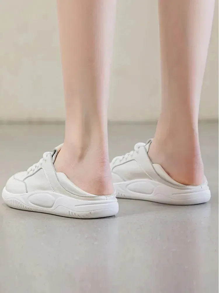 Flat cow skin shoes for women informal comfortable and breathable sneakers white