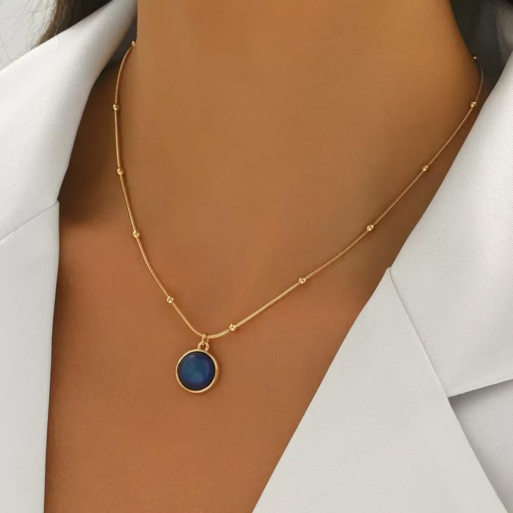 Lxalry 18K Gold-Plated Mood Necklace, Stainless Steel Minimalist Jewelry, Color-Shifting Pendant, Hypoallergenic Gift for Women