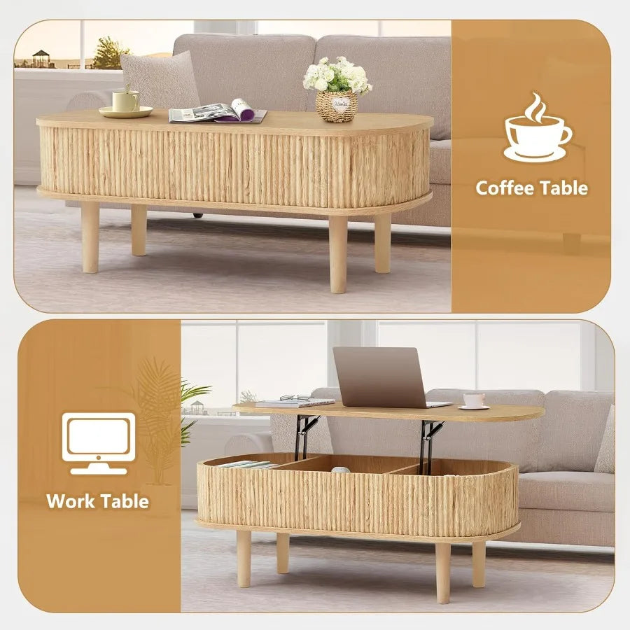 Fluted Lift Top Coffee Table with Hidden Compartment Fully Assembled Wooden Center Table Modern Oval Lift Tabletop for Home Liv