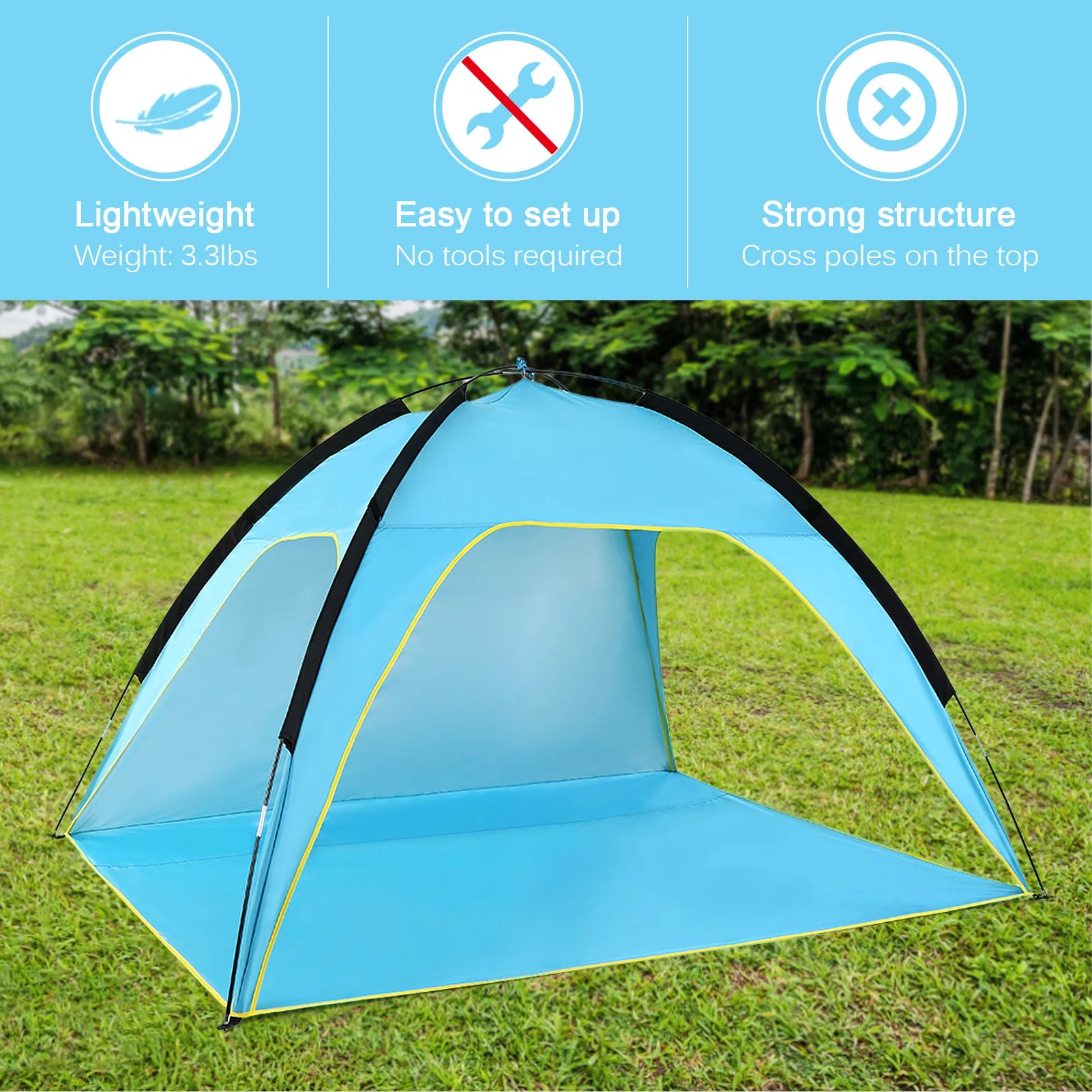 Lightweight Beach Tent Sun Shade Canopy UV Sun Shelter Three Open Sides Camping Fishing Tent for Park Camping
