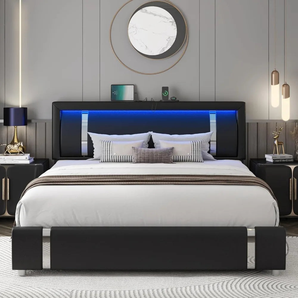 Keyluv Queen Bed Frame with RGB LED Lights Headboard & 2 Storage Drawers, Modern Upholstered Faux Leather Platform Bed with Iron