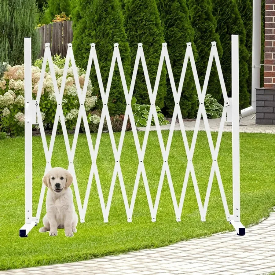 Metal Expandable Dog Gate 9 Feet for Indoor and Outdoor Use Versatile Accordion Safety Barrier with Portable Retractable Design