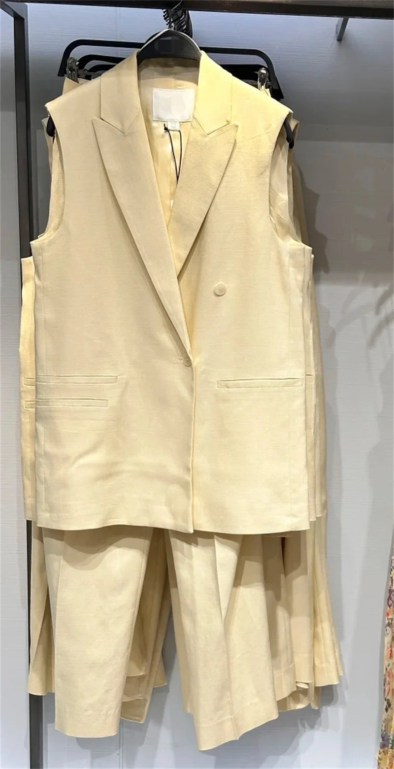 Women's Suit New Summer 2025 Yellow Sleeveless Vest Wide-leg Trousers Set Casual Commuting Personality and Fashion