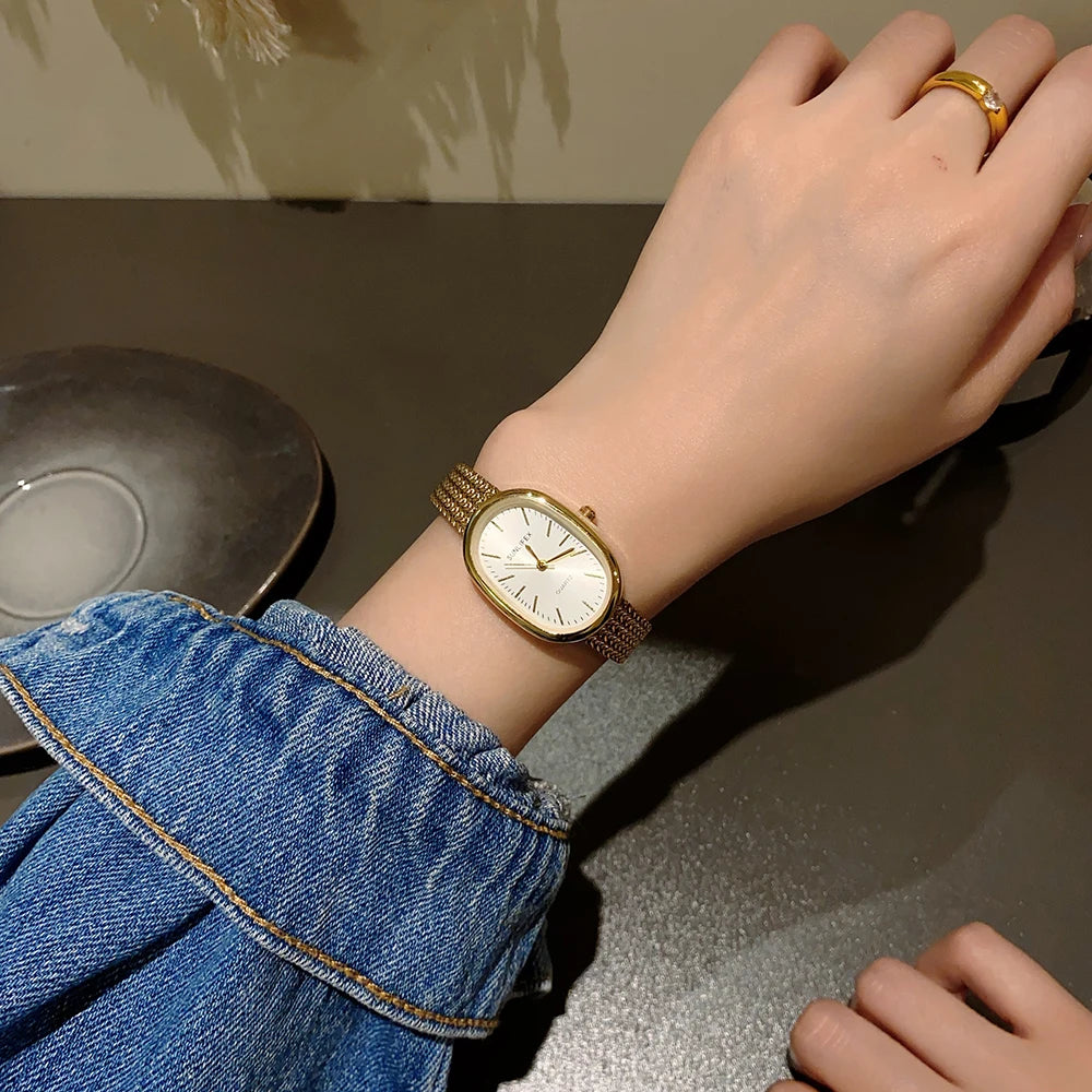 Gold Watches for Women Vintage Bracelet Wrist Watch Luxury Small Ladies Oval Quartz Watch