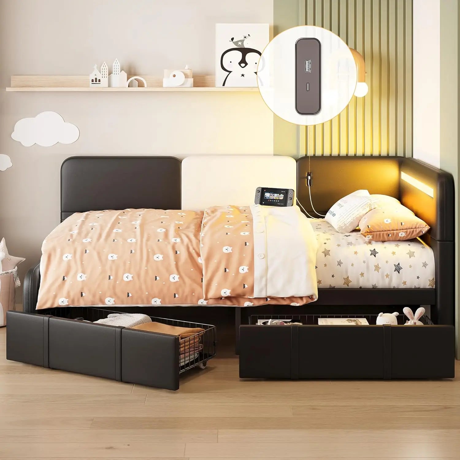 LIKIMIO Daybed with Storage, Twin Day Bed Frame with Drawers, Charging Station & LED, Sofa Bed with Strong Supports for Bedroom