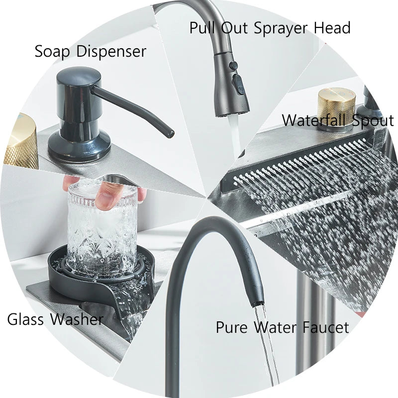 304Stainless Steel Waterfall Kitchen Sink Large Single Slot Integrated 60X45cm Faucet Set Soap Dispenser/Pure Water/Cup Washer