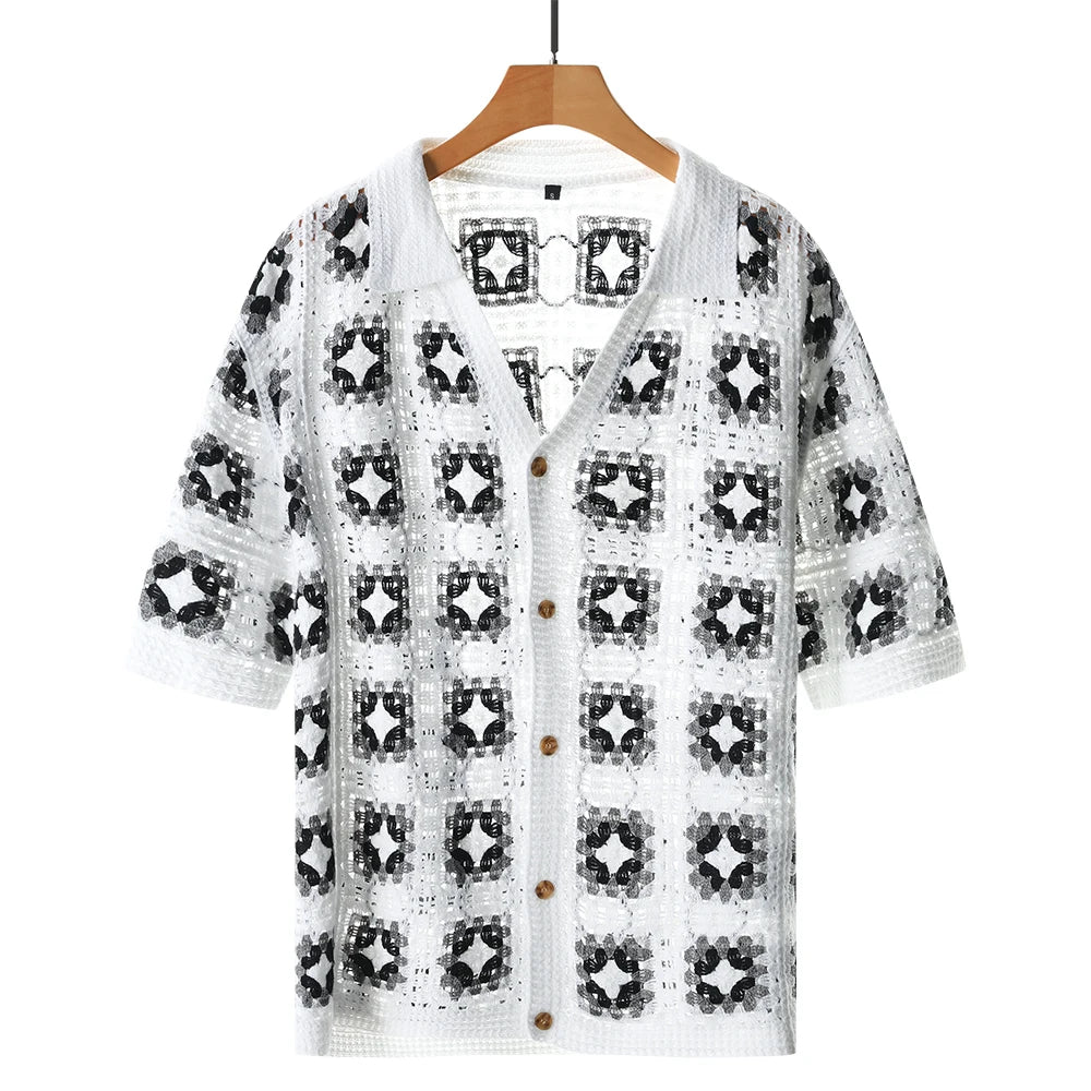 Men's Short Sleeve Summer Fashion Mesh Cardigan Lapel Top Printing Soft Breathable Light Polo Knitwear Men US Size