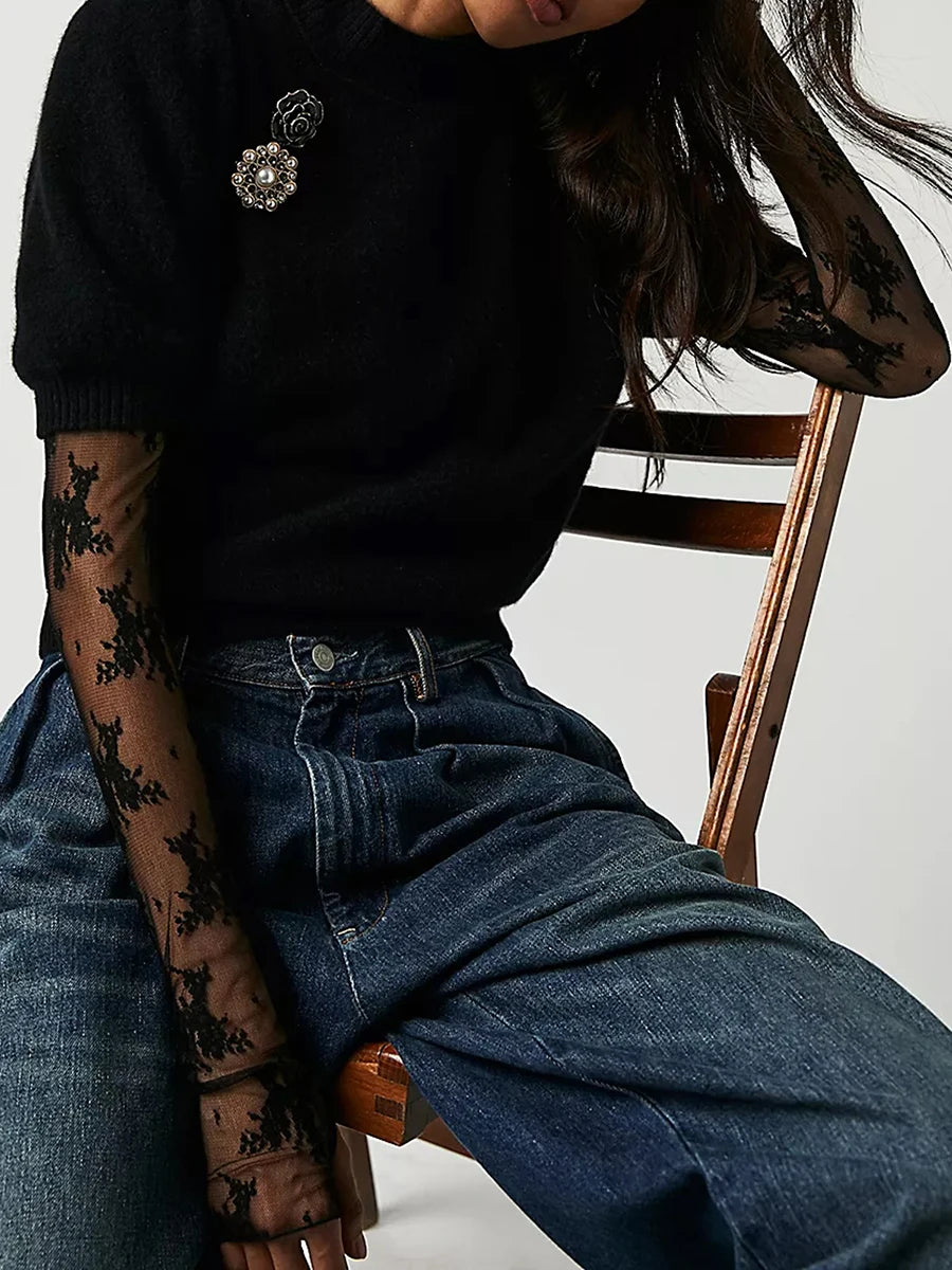 Women Knit Sweater Short Sleeve Sweater Crew Neck Solid Pullover Tops for Casual Daily