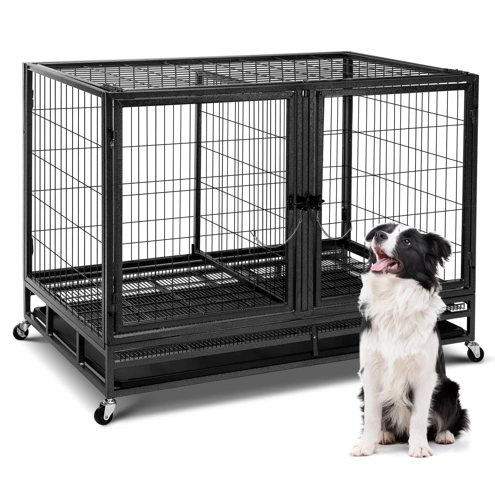 Heavy Duty Dog Crate Large Metal Dog Kennel with Roof Top 2 Door Dog Cage House with Removable Tray and Wheels for Large Dogs