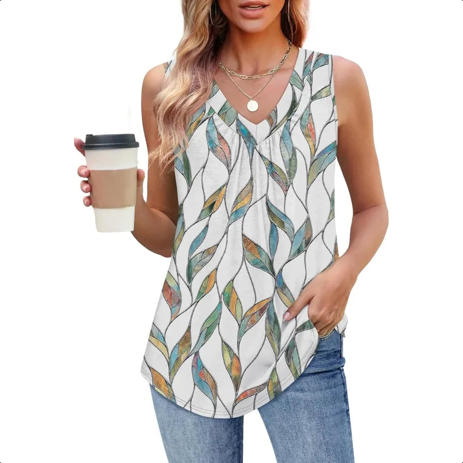 OFEEFAN Tank Top for Women Loose Fit Sleevel Shirts V Neck Summer Clothes Ruched Women's Tees and Tanks Curved Hem