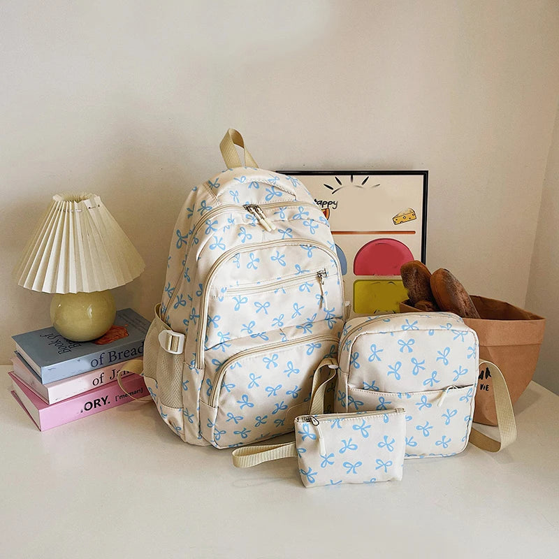 3Pcs/Set Bow Print Backpack with Crossbody Bag and Small Purse Bow Student Bookbag Cute Laptop Backpack for Teens Girls