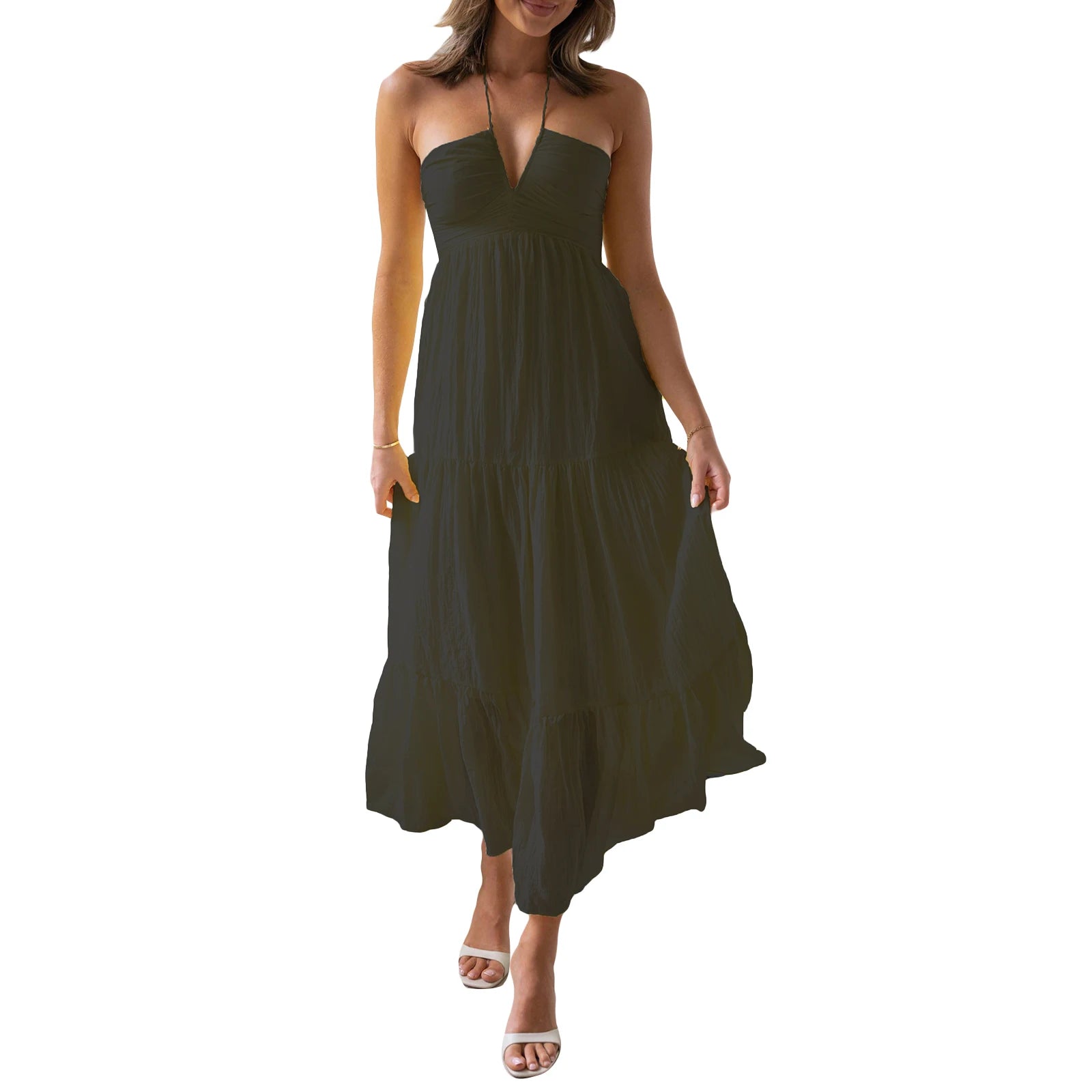 Elegant Sleeveless Maxi Dress with Halter Neckline and Backless Design Perfect for Summer Beach Parties and Casual Events
