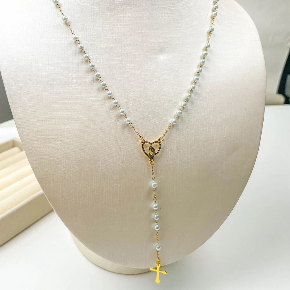 Y Shape Beads Chain Gold Color Stainless Steel Virgin Mary Cross Rosary Pendant Long Necklace Women Girls Jewelry Spiriti Pray