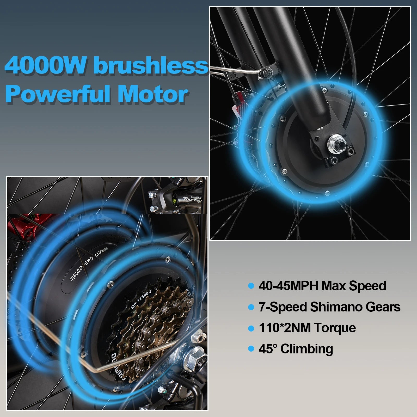E-BYCCO  5000W Peak/4000W Dual Motor Electric Bike , Up to 45MPH Speed E-Bike,100-Mile Range, IP65 Waterproof, 52V 32Ah Remova