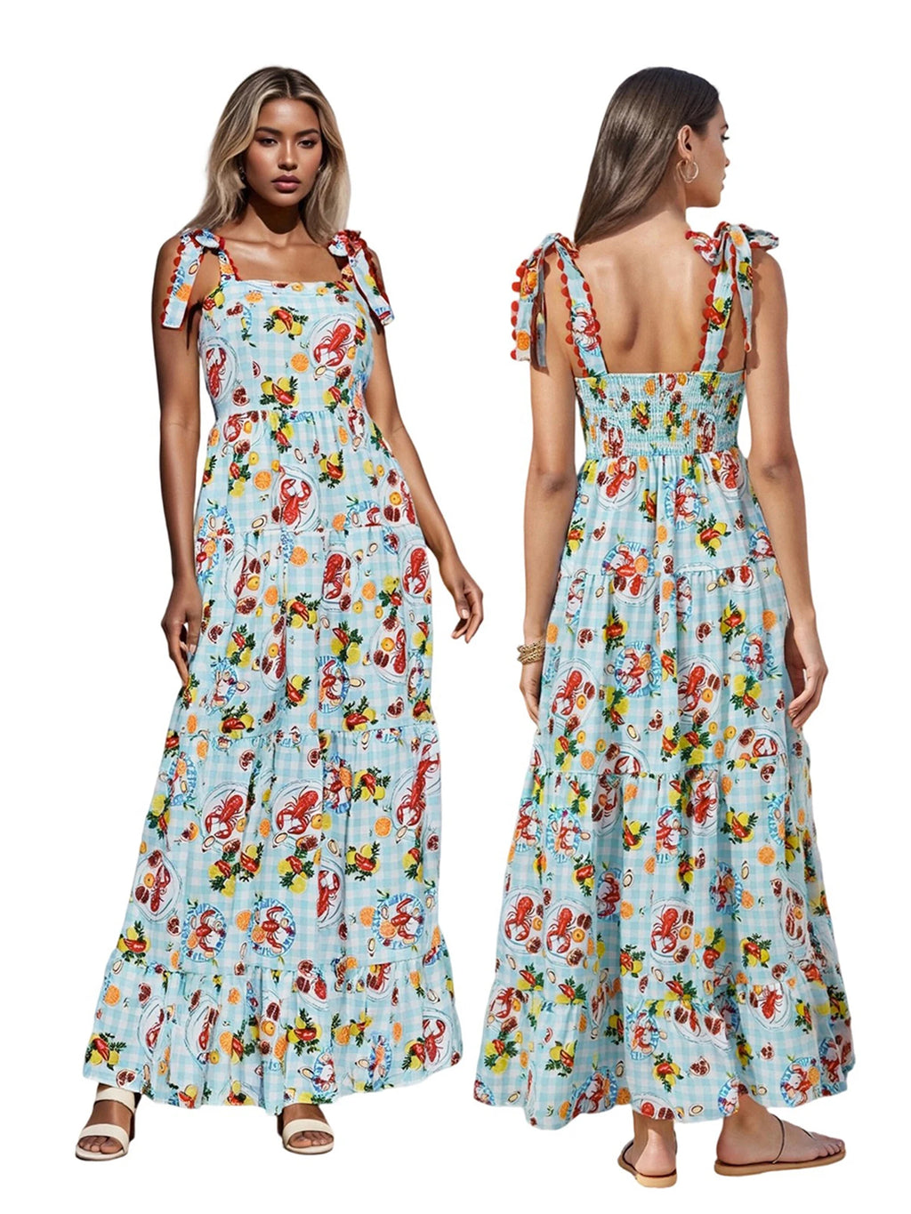 Women s Sleeveless Plaid Slip Dress with Food Print Tie-up Detail Perfect for Summer Cocktail Parties and Events