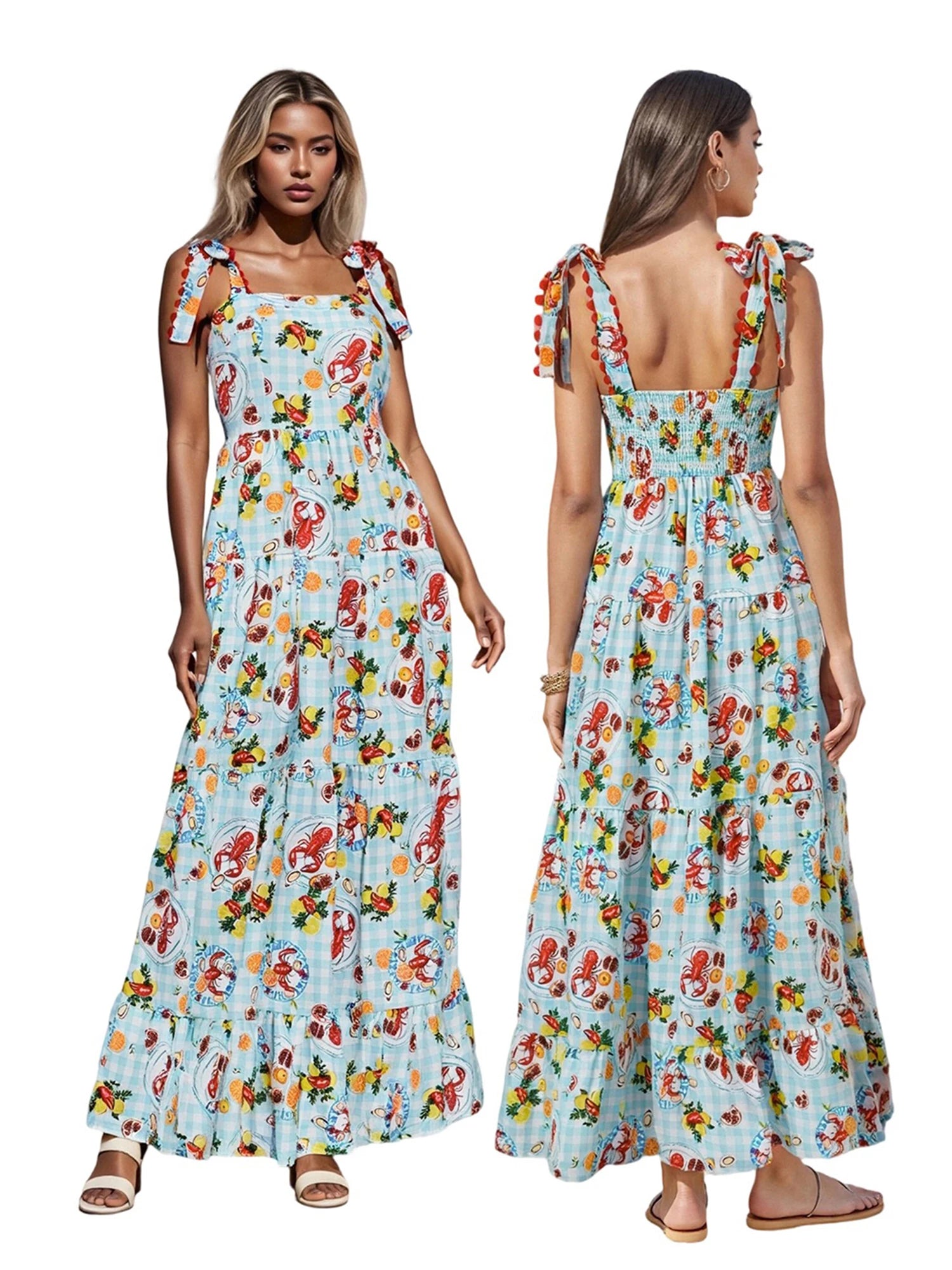 Women s Sleeveless Plaid Slip Dress with Food Print Tie-up Detail Perfect for Summer Cocktail Parties and Events