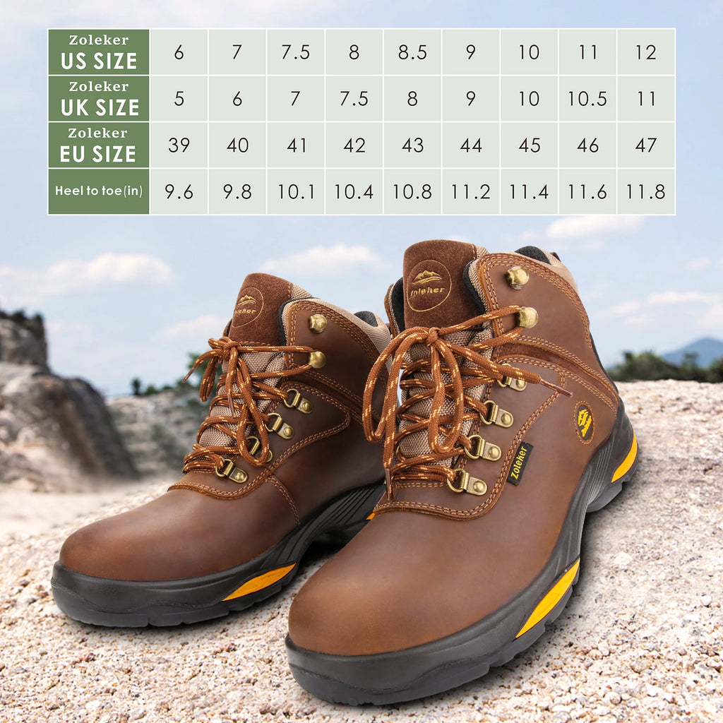 Zoleker Hike Boots for Men,Soft Toe, Slip Resistant Safety Shoes, Waterproof Anti-Fatigue Brown