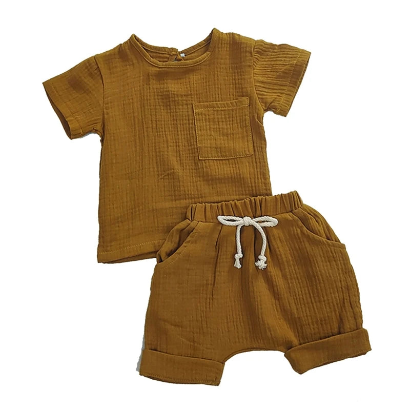 Baby Girls Boys Outfit Suit Cotton Linen Children Clothes Set Toddler Solid Casual T-shirt Kids Tops Summer Shorts Pants