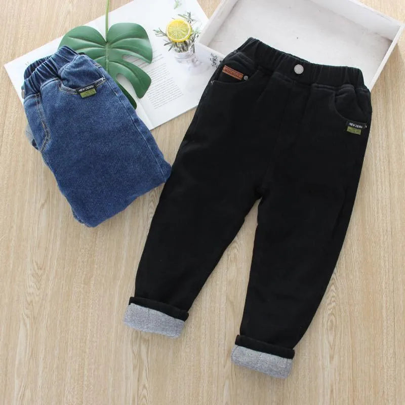 Children's Winter Warm Jeans Solid Plus Velvet Elastic Waist Kid Boy Haren Pants Vintage Soft Cotton Toddler Boy Carrot Trousers